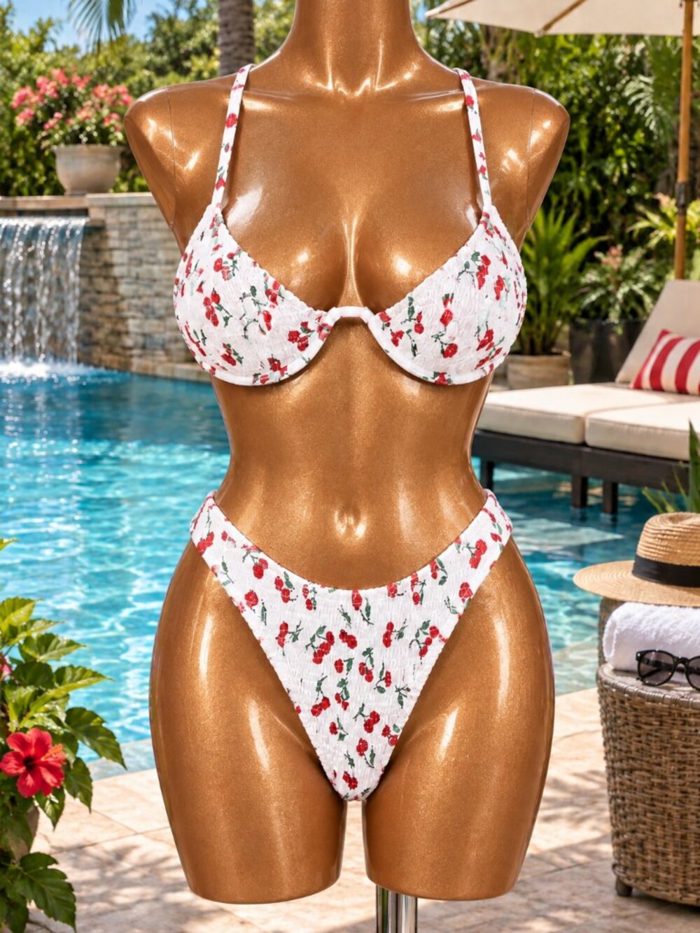Women’s L White Cherry Print 2-Piece Bikini Set Textured Swim